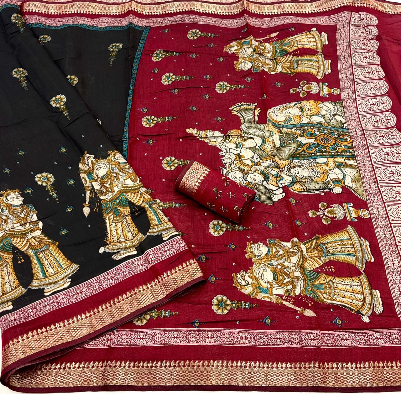 Premium Maheshwari Silk Saree with Kalamkari Printed Pallu and Zari Woven Border